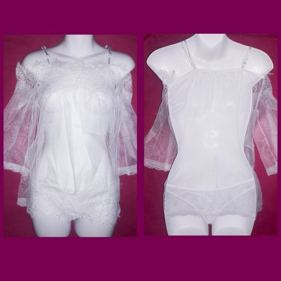 Cold Shoulder Sheer White Mesh Lace Babydoll Set - Picture 2 of 8